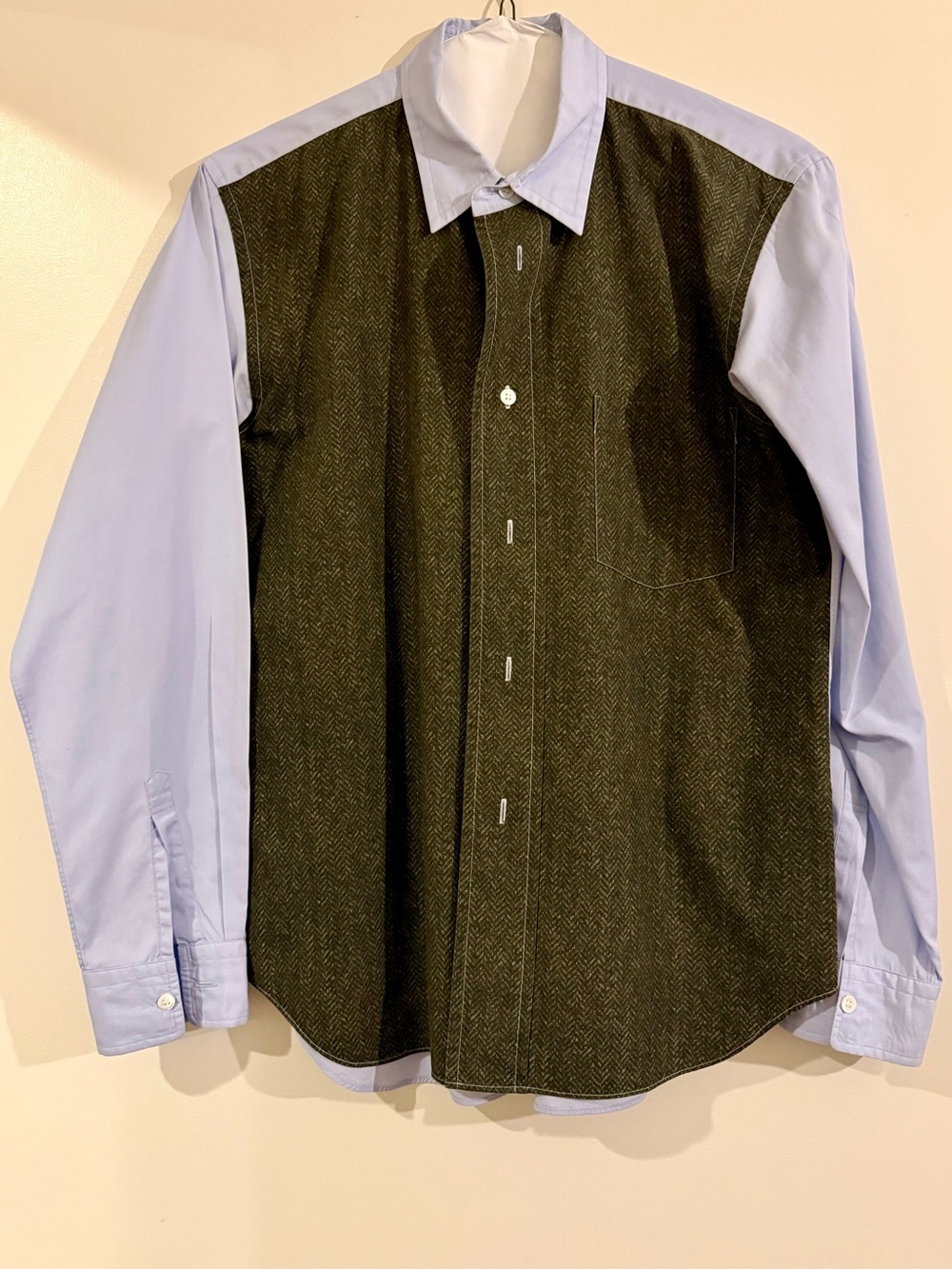 Comme des Garcons Two-Tone Dress Shirt in Light Blue and Olive